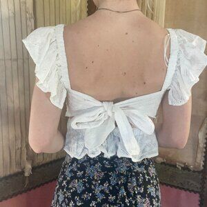 Blue Rain | White Eyelet Puff Sleeve Tie-Back Top | Size S